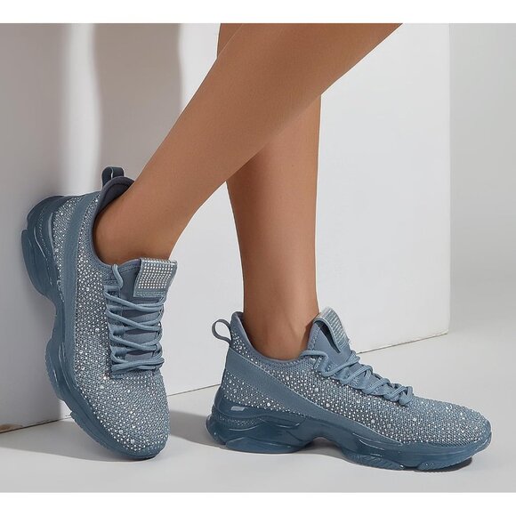 Women's Blue Rhinestone Mesh Slip On Walking Breathable Glitter Sneaker Shoes - Picture 3 of 9
